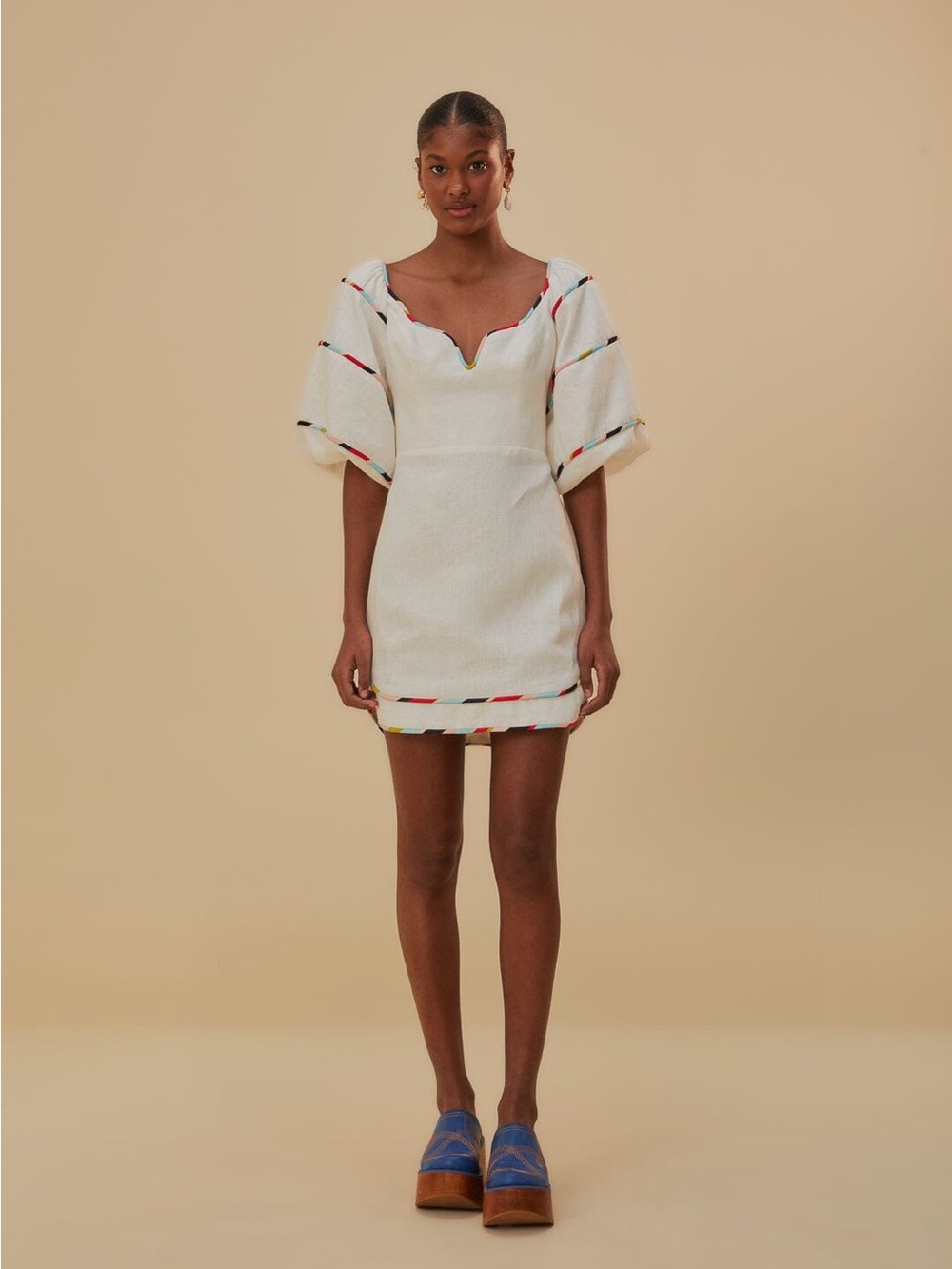 Farm Rio White Colorful Stripes Puff Sleeve Mini Dress